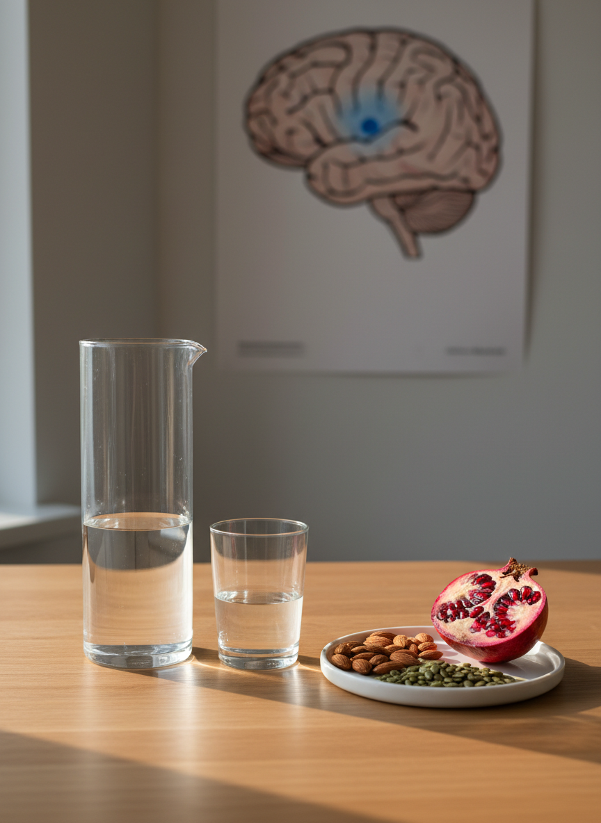 A minimalist, photographic scene of a clean glass water pitcher and matching tumbler, both filled with crystal-clear water, placed on a natural oak table. Beside them, a small cluster of unprocessed foods—raw almonds, pumpkin seeds, and a halved pomegranate—rests on a simple white ceramic dish. In the softly blurred background, an illustrated anatomical poster of the human brain with the pineal gland subtly highlighted in soft blue hangs on a light grey wall. Late afternoon natural light enters from a side window, creating gentle shadows and a warm, serene glow. Captured from a slightly elevated angle with sharp focus on the pitcher and seeds, the mood is professional, pure, and cleansing, aligning with themes of detoxification and mental wellbeing.