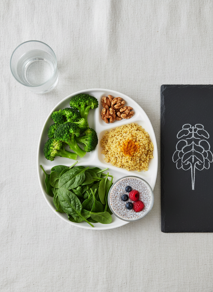 An overhead photographic view of an immaculate white ceramic plate divided into precise sections, each containing foods known to support detox and brain health: vibrant steamed broccoli florets, walnut halves, deep green spinach leaves, turmeric-dusted quinoa, and a small bowl of chia seed pudding. The plate sits centered on a light linen tablecloth with subtle texture, surrounded by a glass of clear water and a small slate board with a drawn outline of the pineal gland in white chalk. Soft diffused daylight from above creates even, natural lighting with minimal shadows. The composition uses the rule of thirds, with a crisp, clinical yet nurturing atmosphere that communicates conscious nutrition and mental clarity in photographic realism.