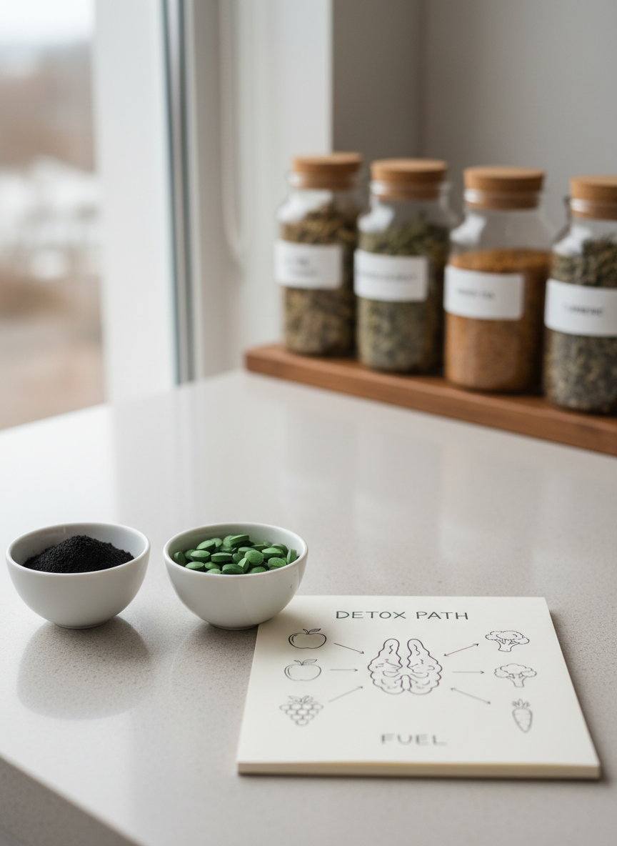 A symbolic, photographic composition featuring a small, matte white ceramic bowl filled with activated charcoal powder and another with bright green chlorella tablets, both arranged neatly on a smooth, light stone countertop. Between them lies an open, unbranded notebook showing a clean, hand-drawn outline of the pineal gland and arrows pointing to simple icons of fruits and vegetables. In the background, slightly out of focus, stands a row of neatly labeled glass jars containing herbal teas and detoxifying spices. Soft, diffused overcast light from a nearby window creates a balanced, professional look with subtle shadows. Shot at eye level with moderate depth of field, the atmosphere feels informative, intentional, and gently clinical, emphasizing conscious detox and education.